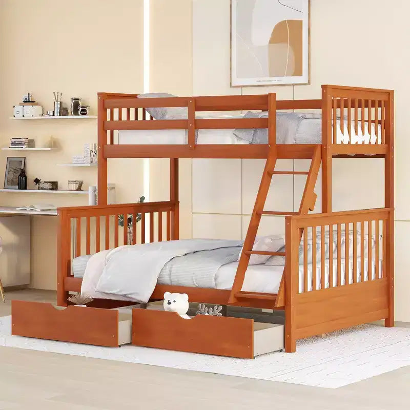Twin over Full Bunk Bed with Storage Drawers, Solid Pine Wood Frame and Ladder with Guard Rails for Kids Teens