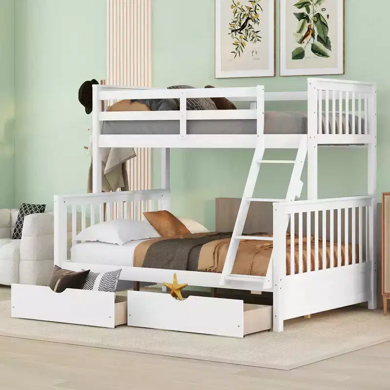Twin over Full Bunk Bed with Storage Drawers, Solid Pine Wood Frame and Ladder with Guard Rails for Kids Teens
