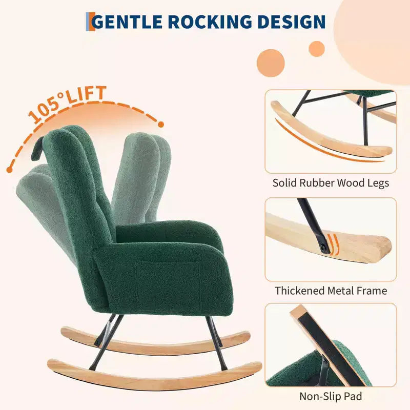 Fauteuil à bascule berçant de 136 kg, Rembourré en teddy avec pieds en bois pour salon, chambre et crèche, Poches latérales incluses