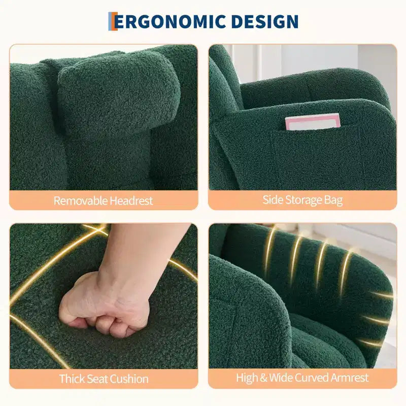 Fauteuil à bascule berçant de 136 kg, Rembourré en teddy avec pieds en bois pour salon, chambre et crèche, Poches latérales incluses