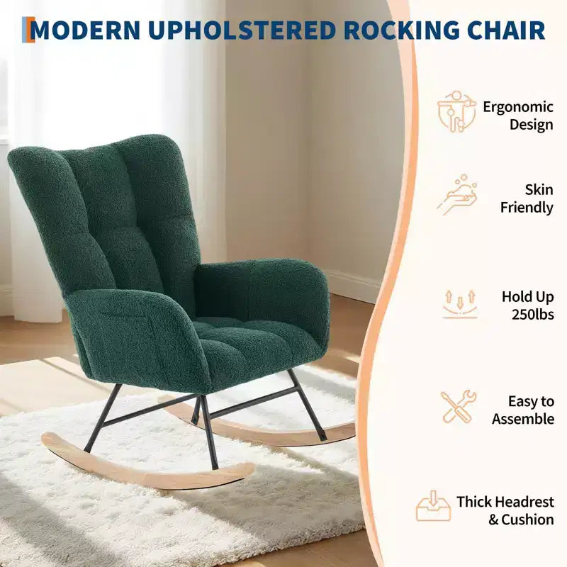 Fauteuil à bascule berçant de 136 kg, Rembourré en teddy avec pieds en bois pour salon, chambre et crèche, Poches latérales incluses