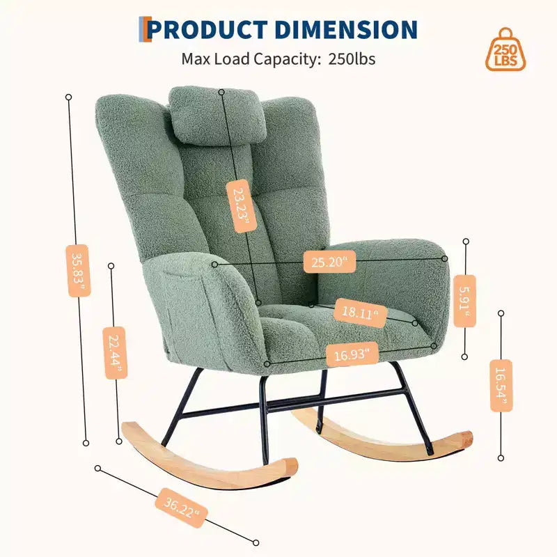 Fauteuil à bascule berçant de 136 kg, Rembourré en teddy avec pieds en bois pour salon, chambre et crèche, Poches latérales incluses