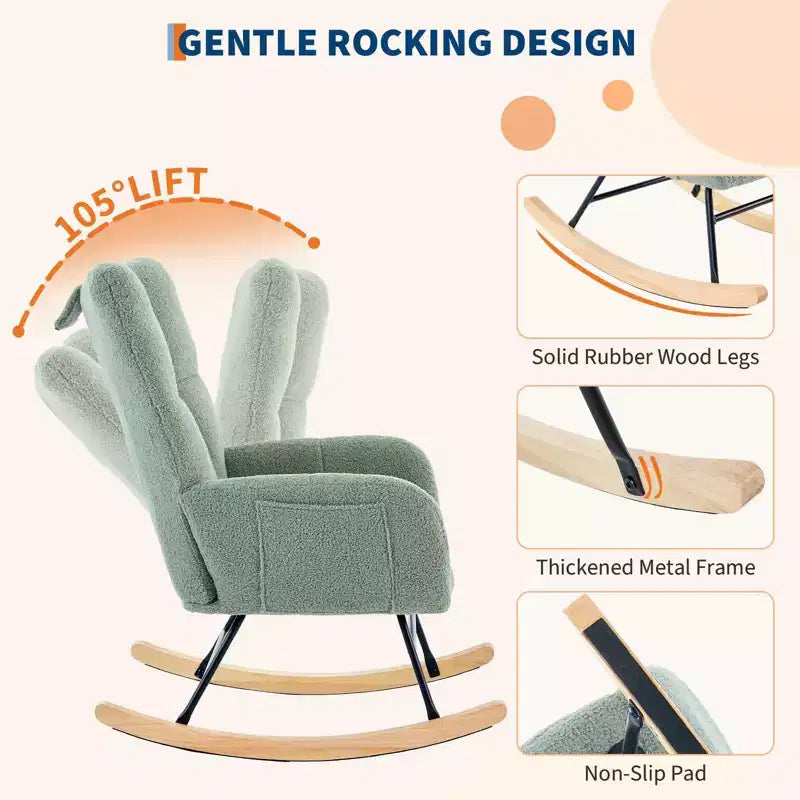 300lb Capacity Nursery Glider Rocker,Teddy Upholstered with Wood Legs for Living Room,Bedroom Nursery Includes Side Pockets