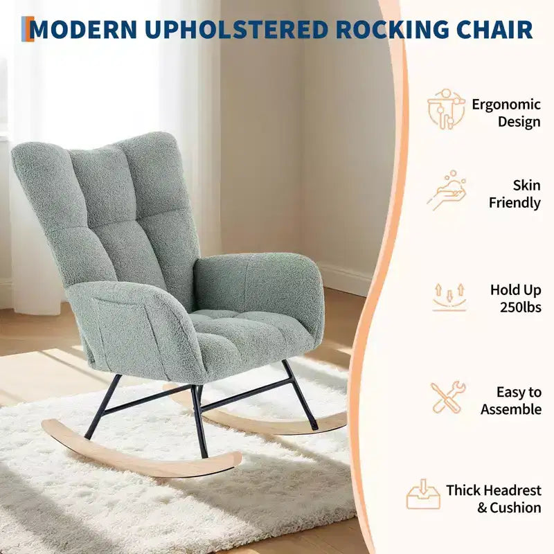 300lb Capacity Nursery Glider Rocker,Teddy Upholstered with Wood Legs for Living Room,Bedroom Nursery Includes Side Pockets