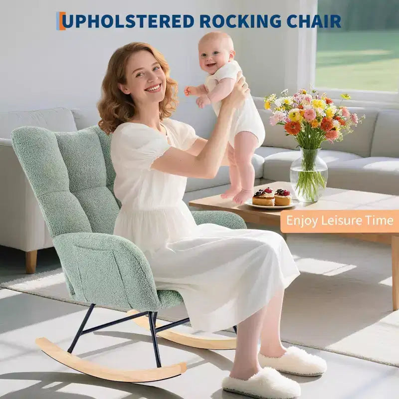 Fauteuil à bascule berçant de 136 kg, Rembourré en teddy avec pieds en bois pour salon, chambre et crèche, Poches latérales incluses