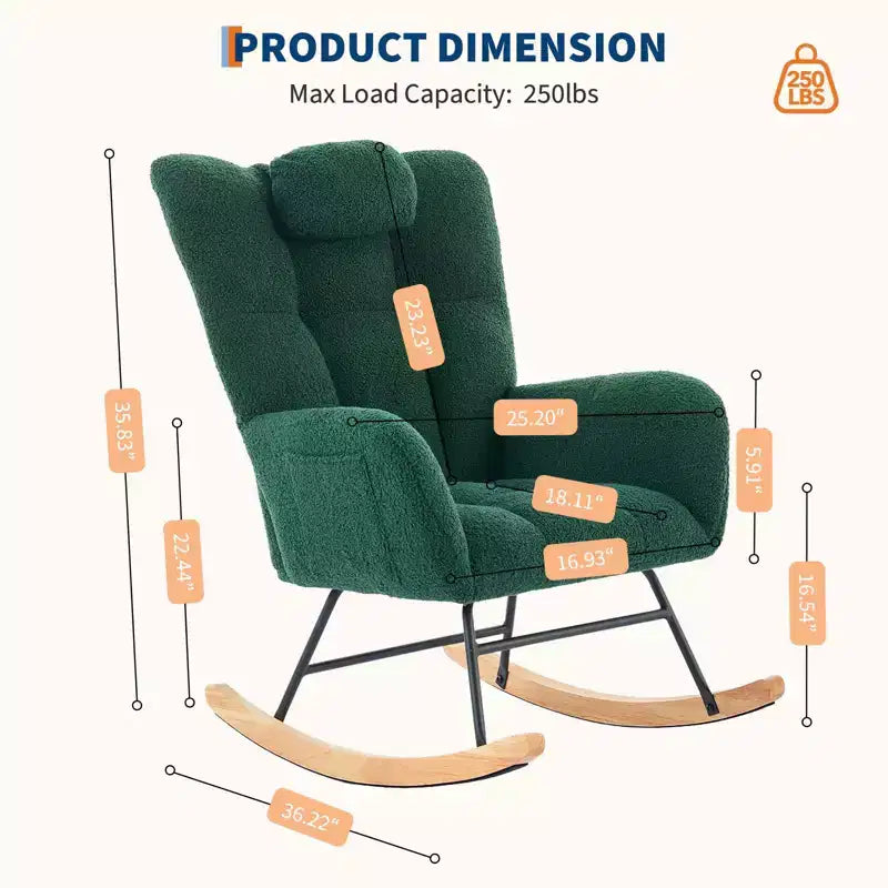 Fauteuil à bascule berçant de 136 kg, Rembourré en teddy avec pieds en bois pour salon, chambre et crèche, Poches latérales incluses