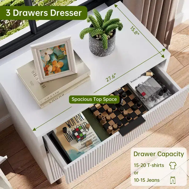 Fluted 3 Drawer Dresser, 28'' Wide Chest of Drawers with Anti-Tipping Device, Tall Wood Nightstand with Storage and Metal Legs for Bedroom, Hallway
