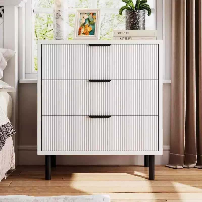 Fluted 3 Drawer Dresser, 28'' Wide Chest of Drawers with Anti-Tipping Device, Tall Wood Nightstand with Storage and Metal Legs for Bedroom, Hallway