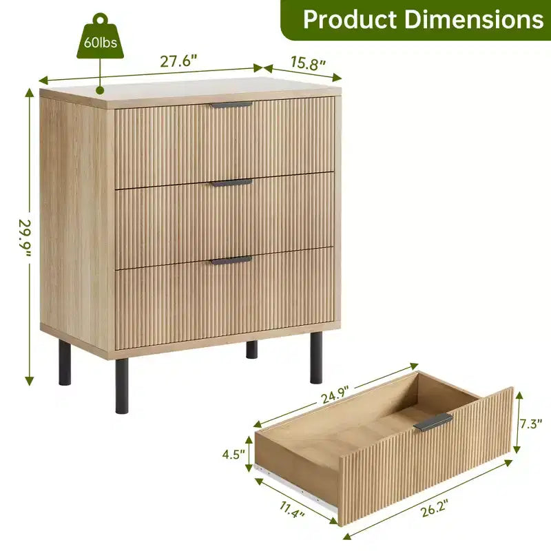 Fluted 3 Drawer Dresser, 28'' Wide Chest of Drawers with Anti-Tipping Device, Tall Wood Nightstand with Storage and Metal Legs for Bedroom, Hallway