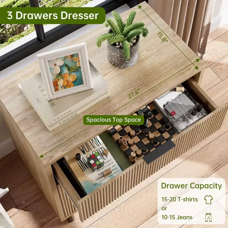Fluted 3 Drawer Dresser, 28'' Wide Chest of Drawers with Anti-Tipping Device, Tall Wood Nightstand with Storage and Metal Legs for Bedroom, Hallway