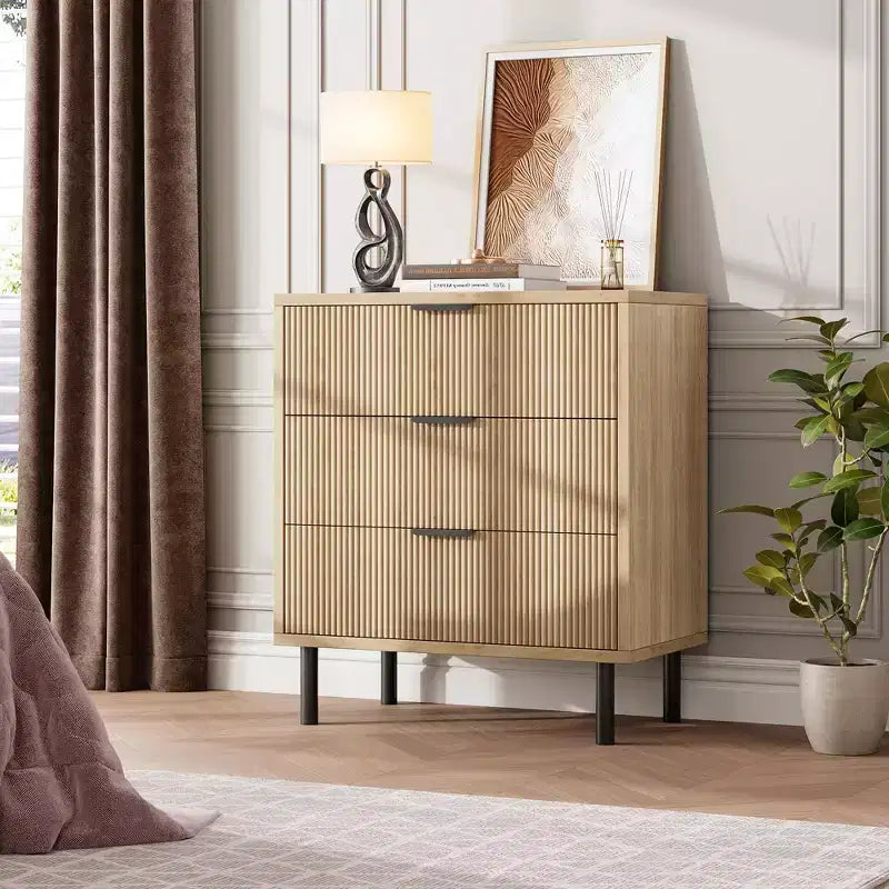 Fluted 3 Drawer Dresser, 28'' Wide Chest of Drawers with Anti-Tipping Device, Tall Wood Nightstand with Storage and Metal Legs for Bedroom, Hallway