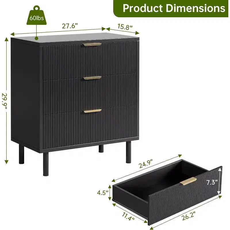 Fluted 3 Drawer Dresser, 28'' Wide Chest of Drawers with Anti-Tipping Device, Tall Wood Nightstand with Storage and Metal Legs for Bedroom, Hallway