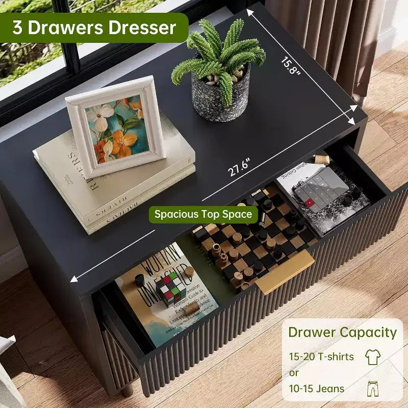 Fluted 3 Drawer Dresser, 28'' Wide Chest of Drawers with Anti-Tipping Device, Tall Wood Nightstand with Storage and Metal Legs for Bedroom, Hallway