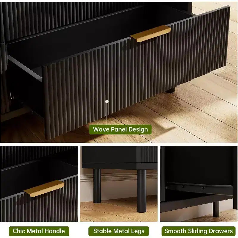 Fluted 3 Drawer Dresser, 28'' Wide Chest of Drawers with Anti-Tipping Device, Tall Wood Nightstand with Storage and Metal Legs for Bedroom, Hallway