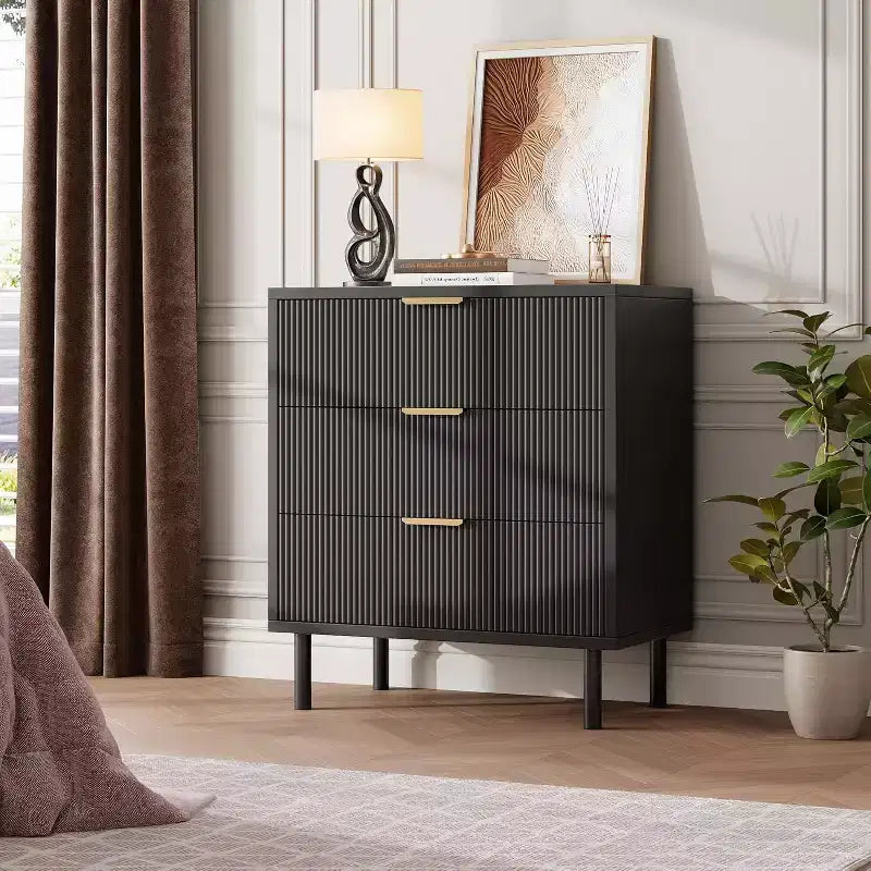 Fluted 3 Drawer Dresser, 28'' Wide Chest of Drawers with Anti-Tipping Device, Tall Wood Nightstand with Storage and Metal Legs for Bedroom, Hallway