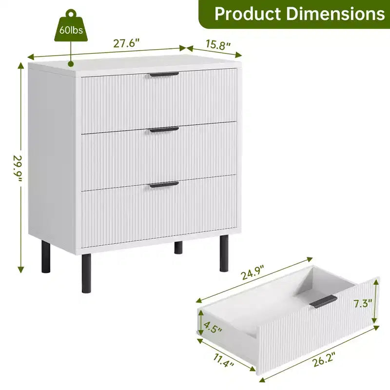 Fluted 3 Drawer Dresser, 28'' Wide Chest of Drawers with Anti-Tipping Device, Tall Wood Nightstand with Storage and Metal Legs for Bedroom, Hallway