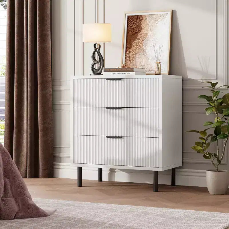 Fluted 3 Drawer Dresser, 28'' Wide Chest of Drawers with Anti-Tipping Device, Tall Wood Nightstand with Storage and Metal Legs for Bedroom, Hallway