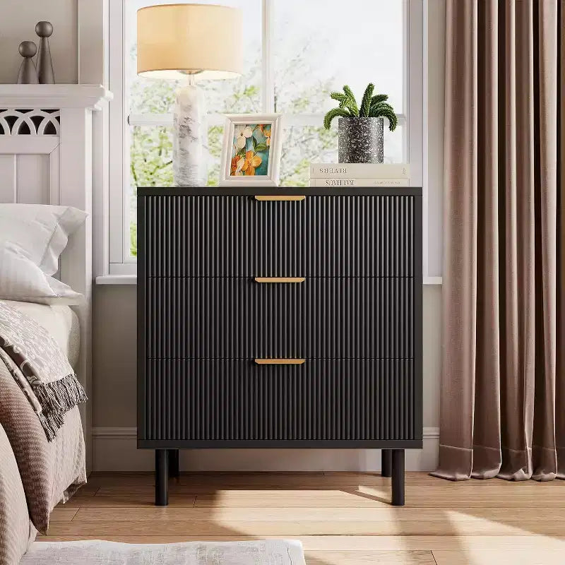 Fluted 3 Drawer Dresser, 28'' Wide Chest of Drawers with Anti-Tipping Device, Tall Wood Nightstand with Storage and Metal Legs for Bedroom, Hallway