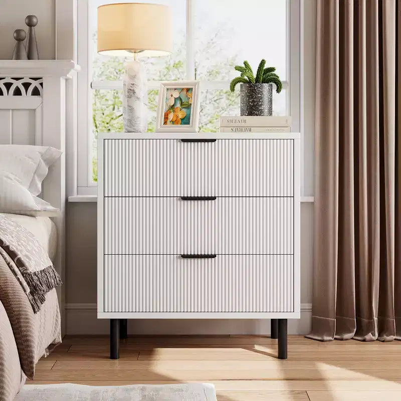 Fluted 3 Drawer Dresser, 28'' Wide Chest of Drawers with Anti-Tipping Device, Tall Wood Nightstand with Storage and Metal Legs for Bedroom, Hallway