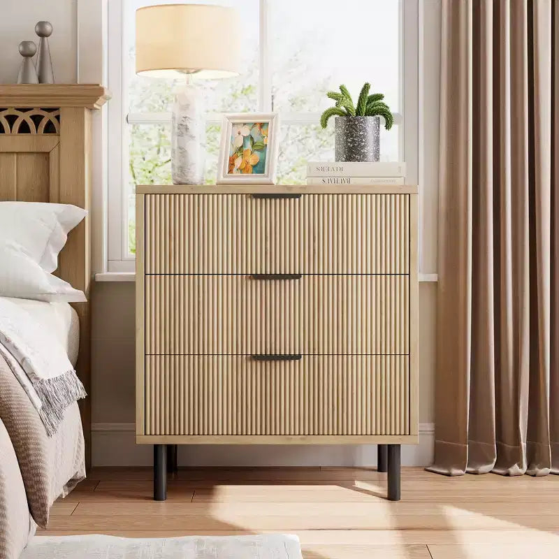 Fluted 3 Drawer Dresser, 28'' Wide Chest of Drawers with Anti-Tipping Device, Tall Wood Nightstand with Storage and Metal Legs for Bedroom, Hallway