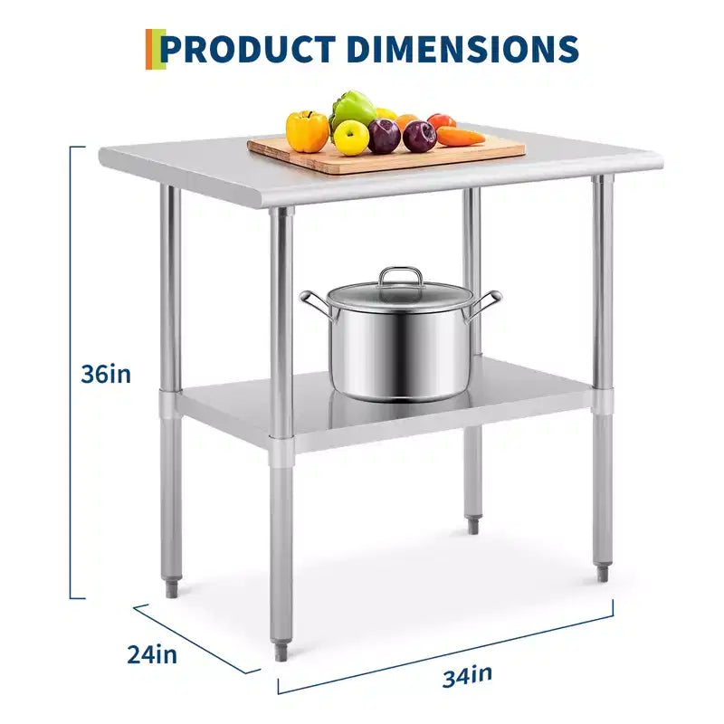 Table de préparation en acier inoxydable 91,4 x 61 cm, Table de cuisine robuste avec étagère inférieure réglable, Table de travail alimentaire en acier inoxydable pour restaurants, hôtels