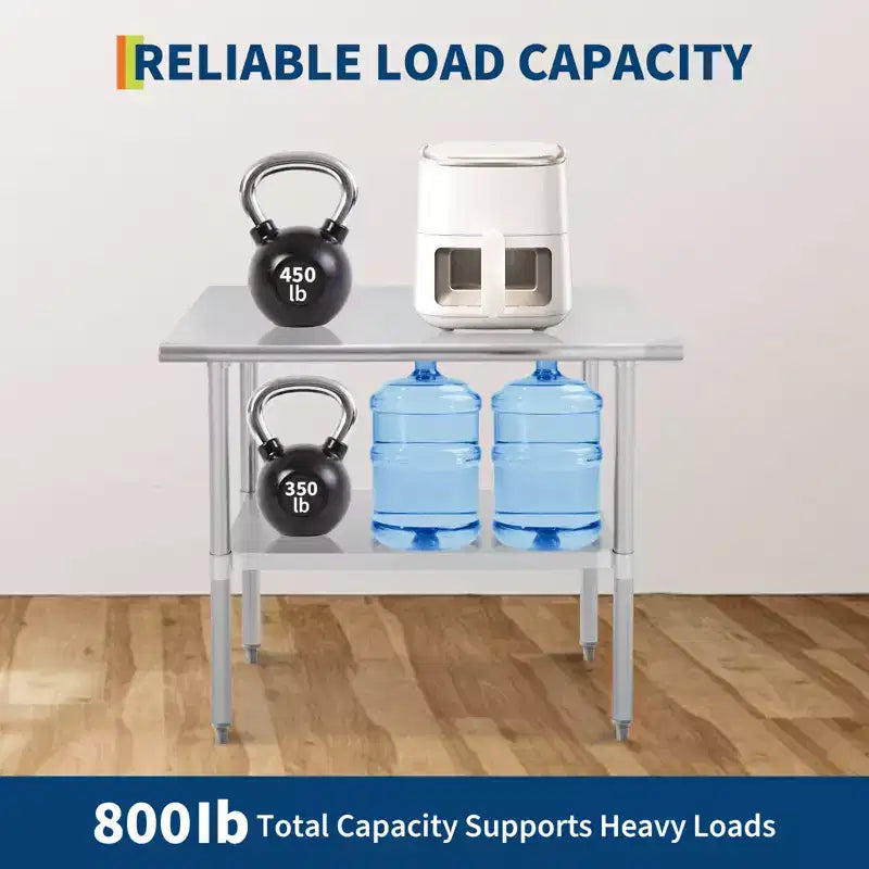 Table de préparation en acier inoxydable 91,4 x 61 cm, Table de cuisine robuste avec étagère inférieure réglable, Table de travail alimentaire en acier inoxydable pour restaurants, hôtels