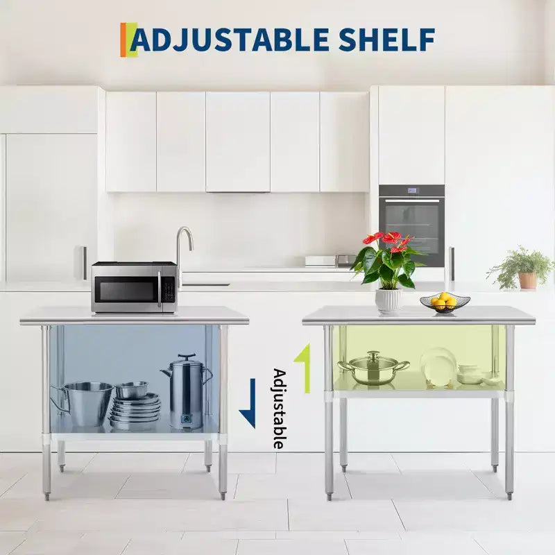 Table de préparation en acier inoxydable 91,4 x 61 cm, Table de cuisine robuste avec étagère inférieure réglable, Table de travail alimentaire en acier inoxydable pour restaurants, hôtels