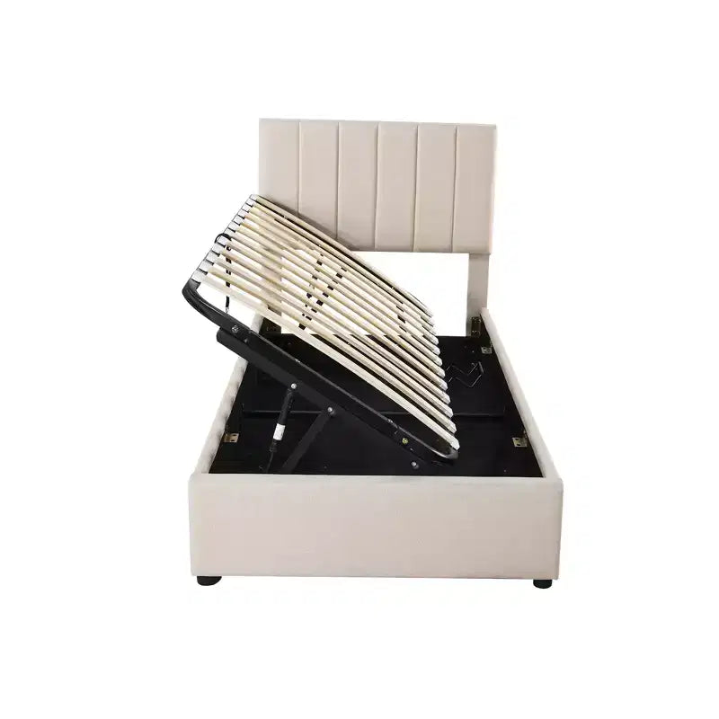 Lit de rangement relevable simple, lit plateforme tapissé avec système de rangement hydraulique, tête de lit à rayures verticales, beige