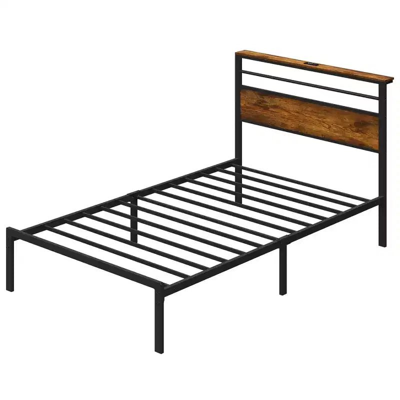 Heynemo Bed Frame, Vintage Industrial Platform Bed with Storage, Wooden Headboard, Retro Storage, LED Lights, Charging Station, Quiet Design