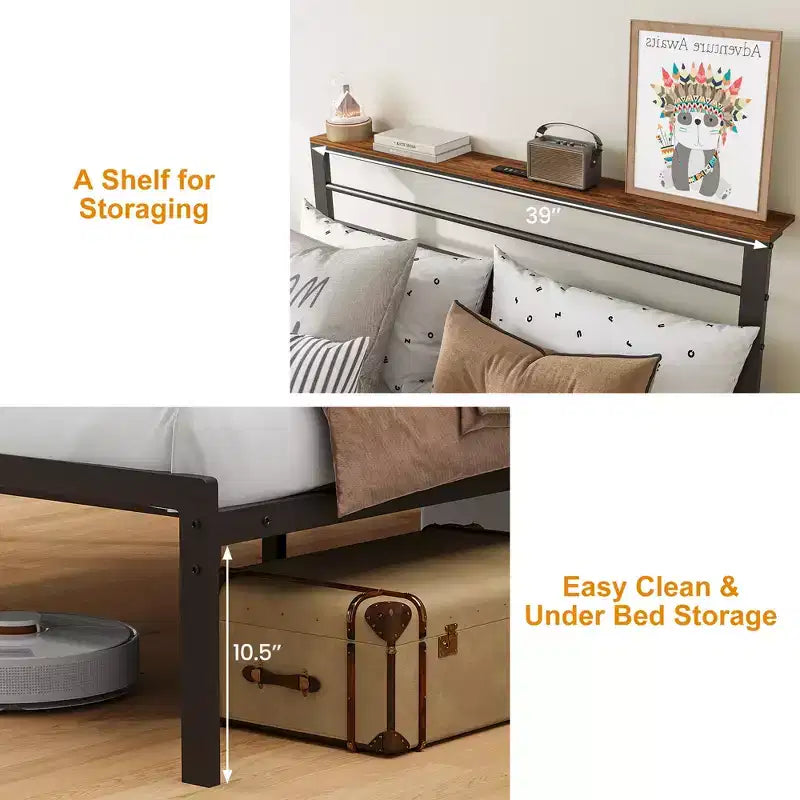 Bed Frame, Vintage Industrial Platform Bed with Storage, Wooden Headboard, Retro Storage, LED Lights, Charging Station, Quiet Design