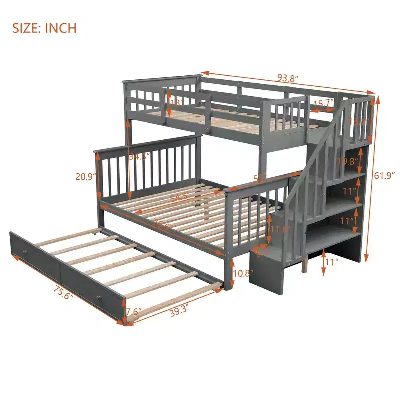 Stairway Twin over Full Bunk Bed with Trundle for Kids, Bunk Bed Frame with Storage Stairs and Guard Rail