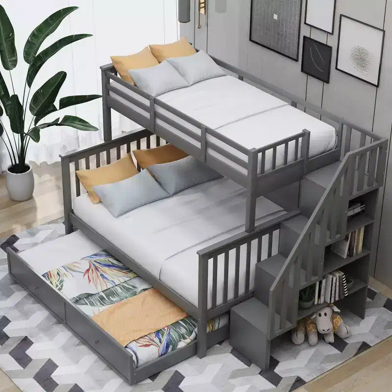 Stairway Twin over Full Bunk Bed with Trundle for Kids, Bunk Bed Frame with Storage Stairs and Guard Rail