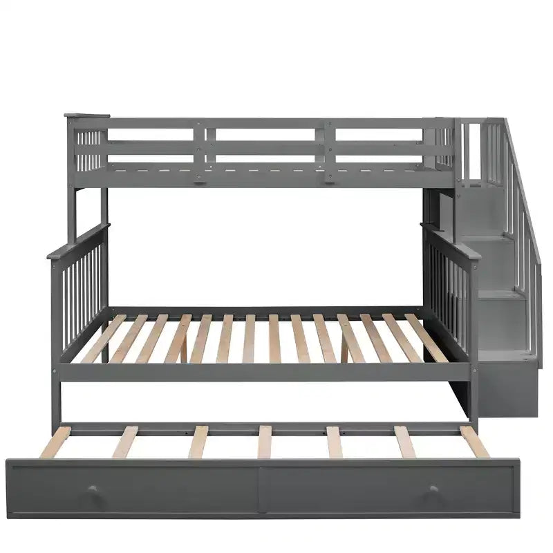 Stairway Twin over Full Bunk Bed with Trundle for Kids, Bunk Bed Frame with Storage Stairs and Guard Rail