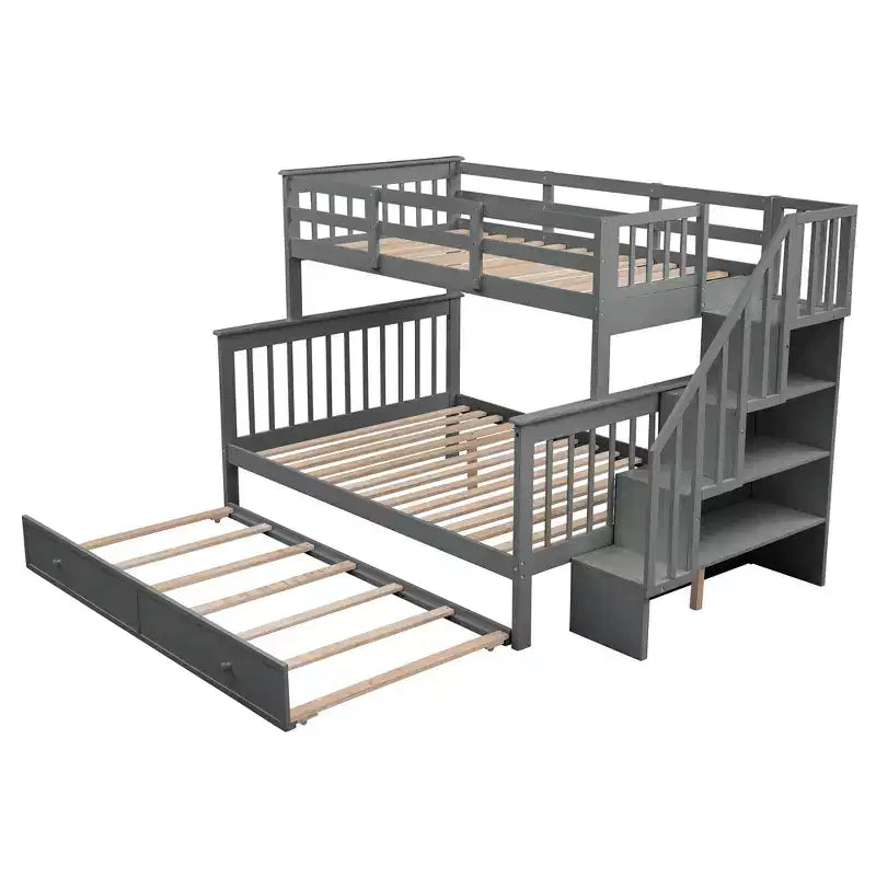 Stairway Twin over Full Bunk Bed with Trundle for Kids, Bunk Bed Frame with Storage Stairs and Guard Rail