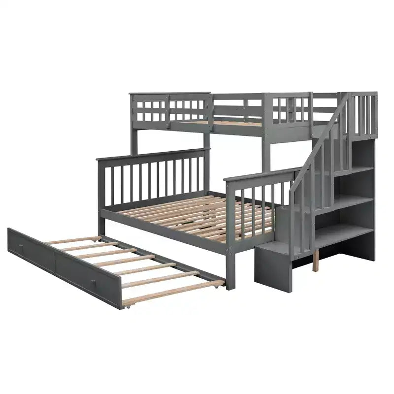 Stairway Twin over Full Bunk Bed with Trundle for Kids, Bunk Bed Frame with Storage Stairs and Guard Rail