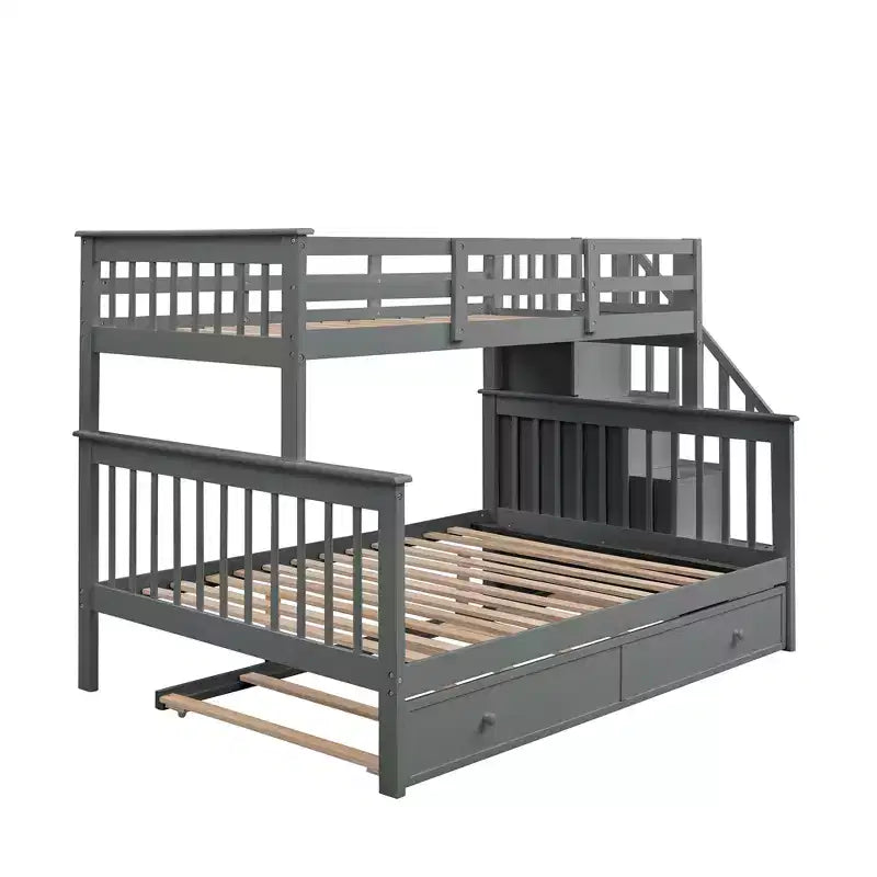 Stairway Twin over Full Bunk Bed with Trundle for Kids, Bunk Bed Frame with Storage Stairs and Guard Rail
