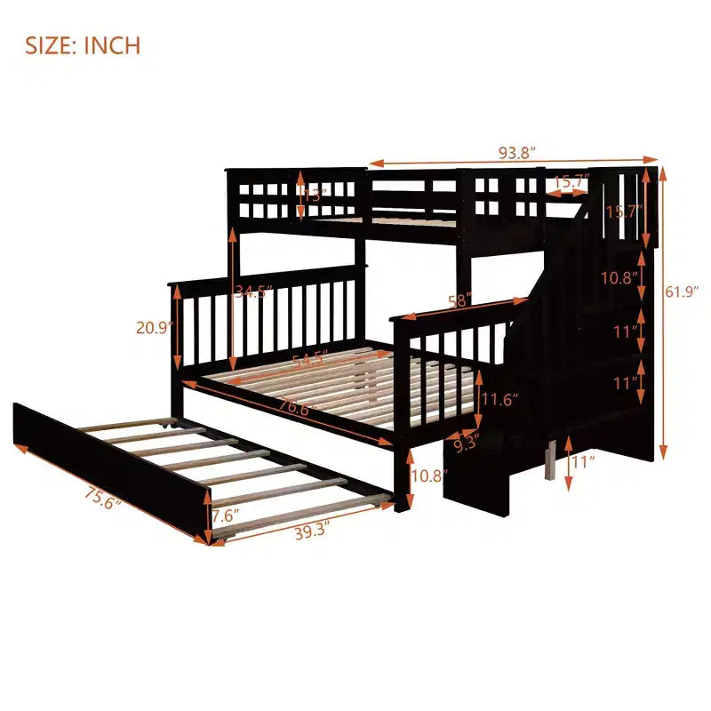 Stairway Twin over Full Bunk Bed with Trundle for Kids, Bunk Bed Frame with Storage Stairs and Guard Rail