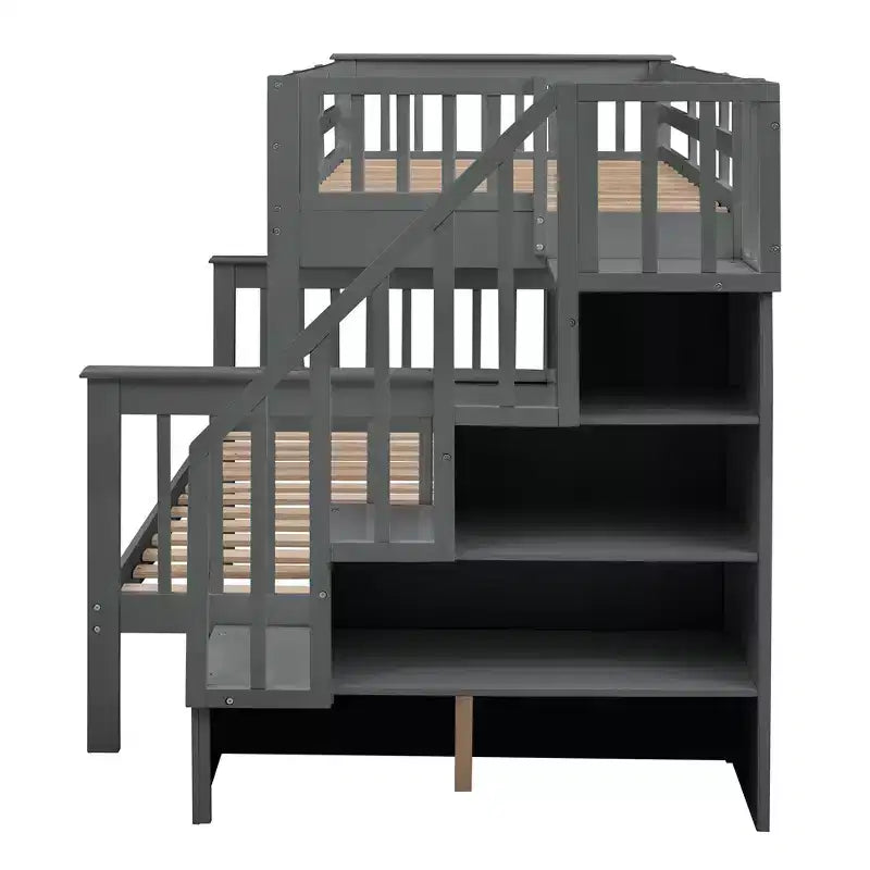 Stairway Twin over Full Bunk Bed with Trundle for Kids, Bunk Bed Frame with Storage Stairs and Guard Rail