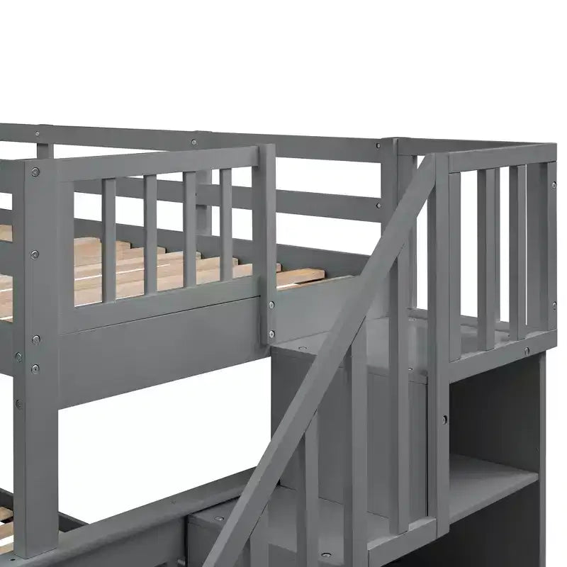 Stairway Twin over Full Bunk Bed with Trundle for Kids, Bunk Bed Frame with Storage Stairs and Guard Rail