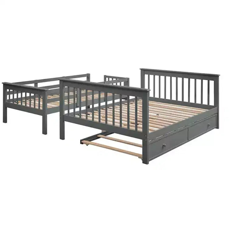 Stairway Twin over Full Bunk Bed with Trundle for Kids, Bunk Bed Frame with Storage Stairs and Guard Rail