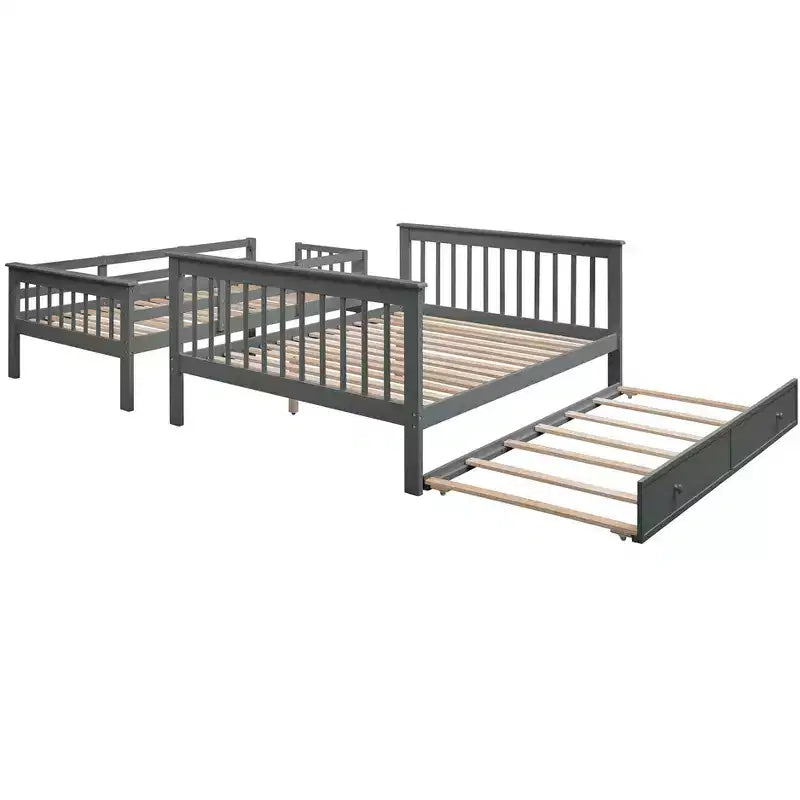 Stairway Twin over Full Bunk Bed with Trundle for Kids, Bunk Bed Frame with Storage Stairs and Guard Rail
