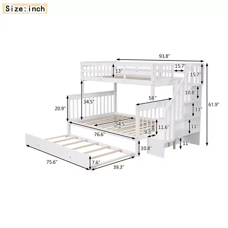 Stairway Twin over Full Bunk Bed with Trundle for Kids, Bunk Bed Frame with Storage Stairs and Guard Rail