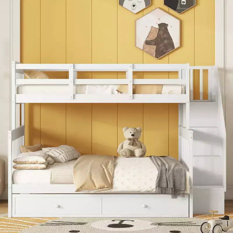 Stairway Twin over Full Bunk Bed with Trundle for Kids, Bunk Bed Frame with Storage Stairs and Guard Rail