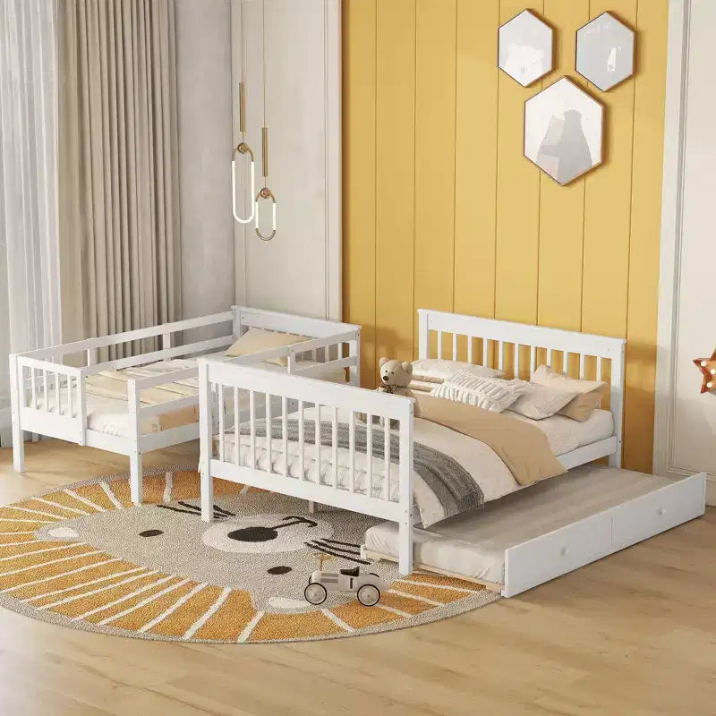 Stairway Twin over Full Bunk Bed with Trundle for Kids, Bunk Bed Frame with Storage Stairs and Guard Rail