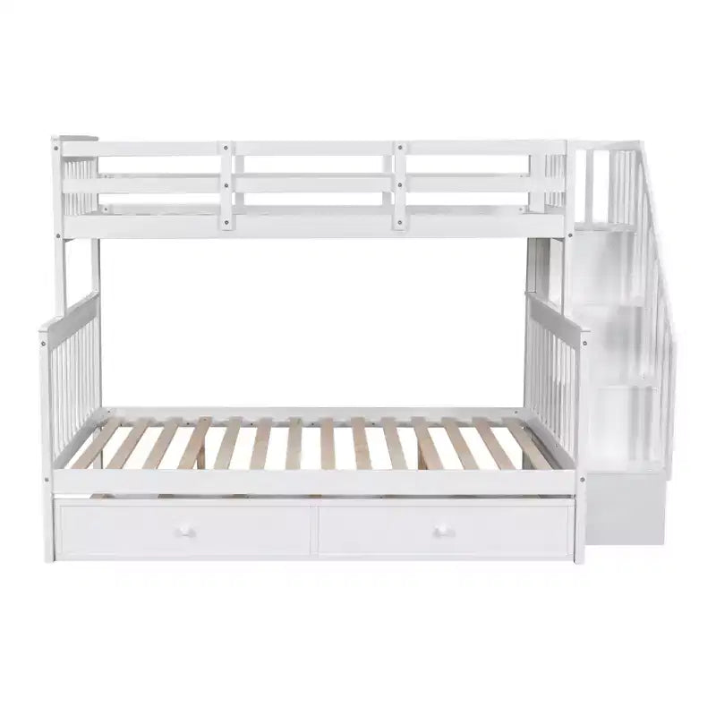 Stairway Twin over Full Bunk Bed with Trundle for Kids, Bunk Bed Frame with Storage Stairs and Guard Rail