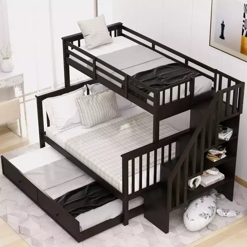 Stairway Twin over Full Bunk Bed with Trundle for Kids, Bunk Bed Frame with Storage Stairs and Guard Rail