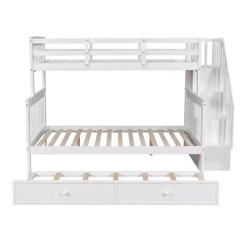 Stairway Twin over Full Bunk Bed with Trundle for Kids, Bunk Bed Frame with Storage Stairs and Guard Rail