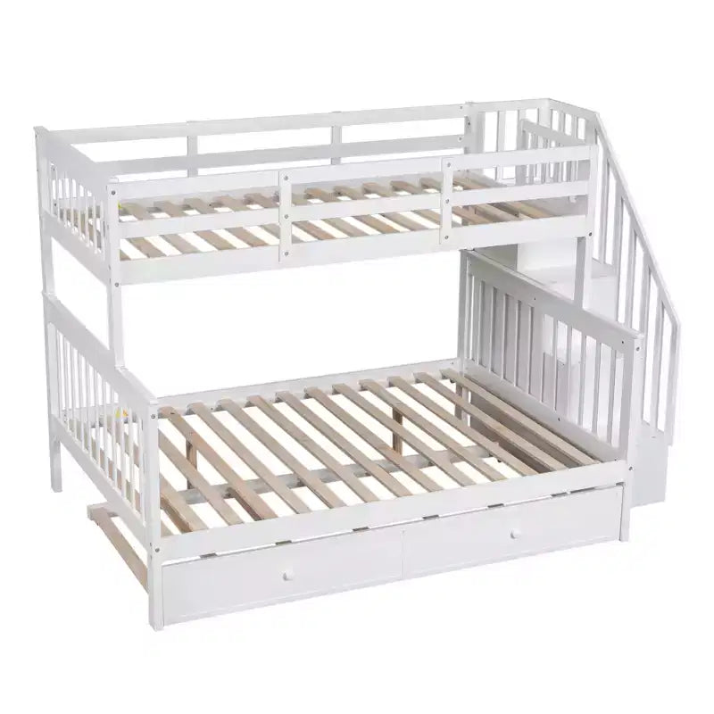 Stairway Twin over Full Bunk Bed with Trundle for Kids, Bunk Bed Frame with Storage Stairs and Guard Rail