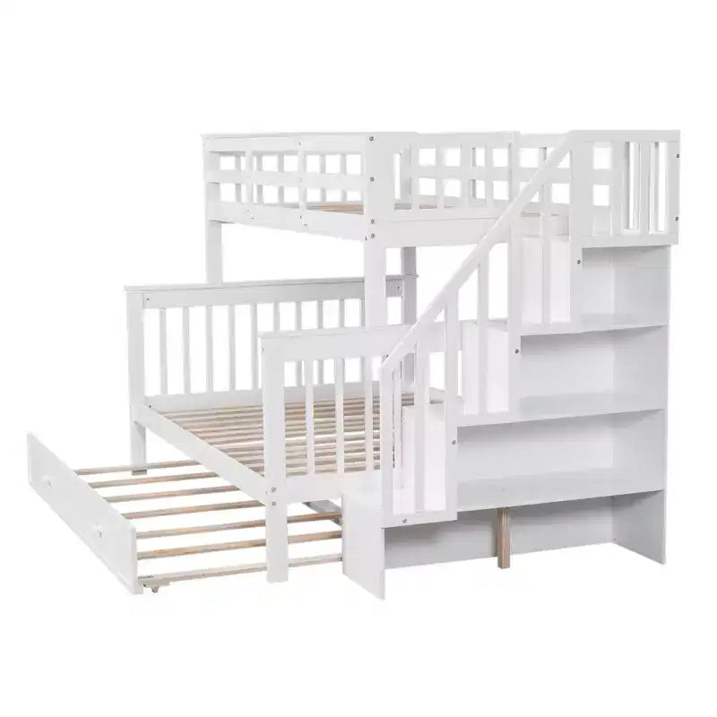 Stairway Twin over Full Bunk Bed with Trundle for Kids, Bunk Bed Frame with Storage Stairs and Guard Rail