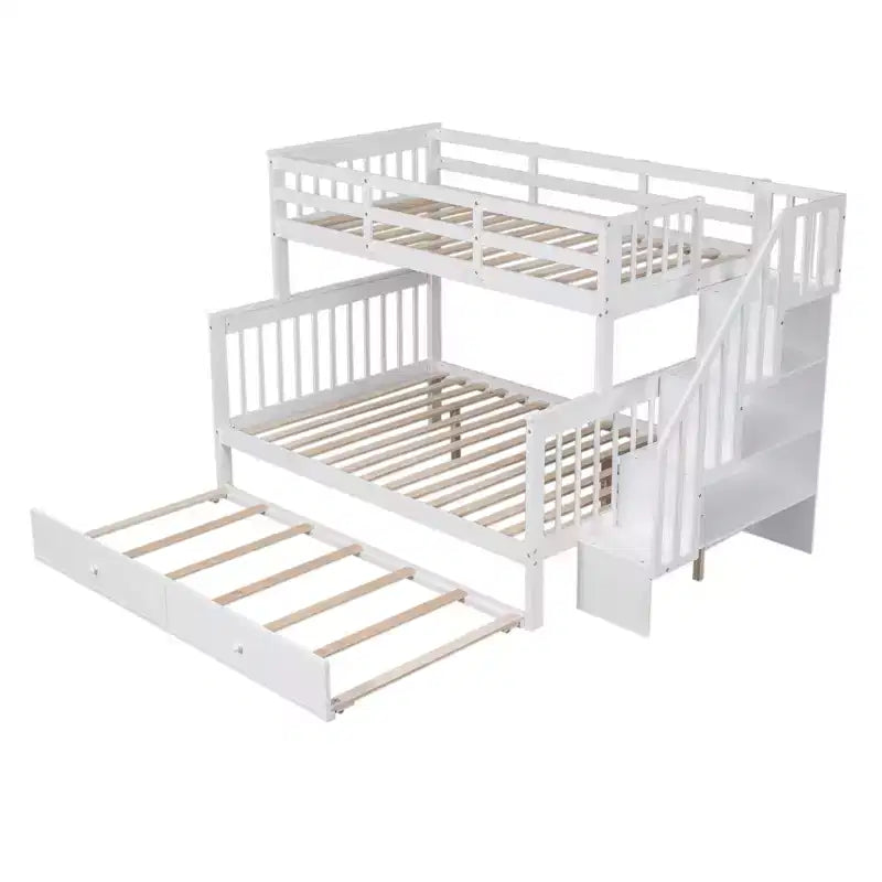 Stairway Twin over Full Bunk Bed with Trundle for Kids, Bunk Bed Frame with Storage Stairs and Guard Rail
